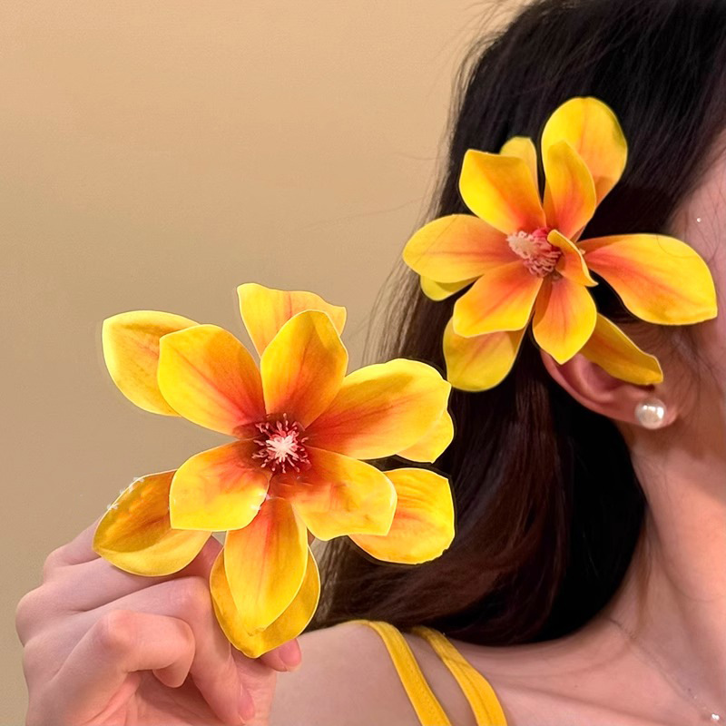 해변 휴가 스타일, 노란 꽃 머리핀, 여성 여행 사진, - Photography Yellow 리뷰 및 가격